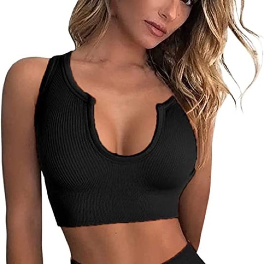 Women's Sports Bra Crop Top Small Black Ribbed Wireless Workout Activewe…
